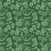 Vector seamless pattern. Spring summer gardening collection in doodle hand drawn style. Surface design. Equipment for Growing plants watering can, boots, seeds, gloves, vegetables, seedlings.