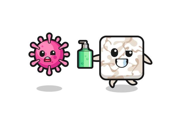 illustration of ceramic tile character chasing evil virus with hand sanitizer