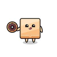 ilustración de un personaje de caja de pizza comiendo un donut vector