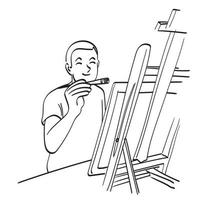hombre pintando en un lienzo ilustración vectorial dibujado a mano aislado en el arte de línea de fondo blanco. vector