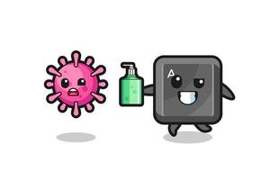 illustration of keyboard button character chasing evil virus with hand sanitizer vector