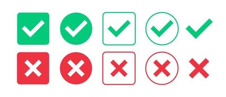 Green check mark and red cross mark icon set. Isolated tick symbols. Checklist signs. Approval badge. Flat and modern checkmark design. Vector illustration