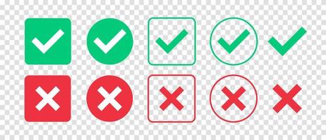 Green check mark and red cross mark icon set. Isolated tick symbols. Checklist signs. Approval badge. Flat and modern checkmark design. Vector illustration