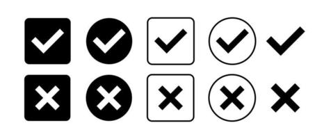 Check mark and Cross mark black icon set. Isolated tick symbols. Checklist signs. Right and wrong sign concept. Flat and modern checkmark design. Vector illustration