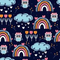 seamless pattern hand drawing cartoon owl, boho rainbow, clouds and flower. spring background for fabric print, textile vector