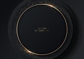 Abstract elegant 3D black circles layer with golden ring and lighting effect on dark background luxury style vector