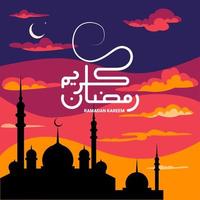 Ramadan Kareem Greeting Cards. the silhouette of the mosque with the sunset sky in the background. Arabic calligraphy which means Ramadan Kareem. vector illustration.