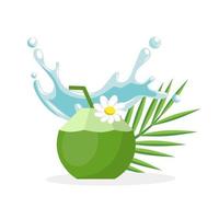 Fresh coconut juice, with coconut water splash and leaves, vector illustration.