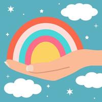 Square poster - rainbow in hand, rainbow in palm. Magic vibes, sky, clouds, stars. Painting in style of flat vector