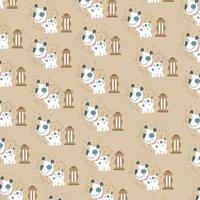 Cute pattern with dalmatian purebred dog on light brown background with fire hydrant and bones. Can be used for packaging, wrapping paper, textiles and others. vector