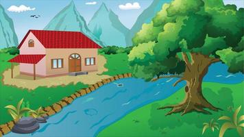 House in the forest.  Cottage among trees with lake and mountains. Cartoon vector illustration.