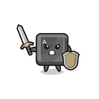 cute keyboard button soldier fighting with sword and shield vector