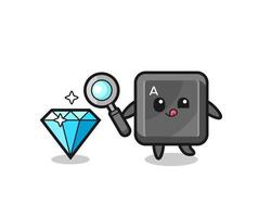 keyboard button mascot is checking the authenticity of a diamond vector