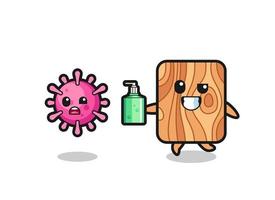 illustration of plank wood character chasing evil virus with hand sanitizer vector