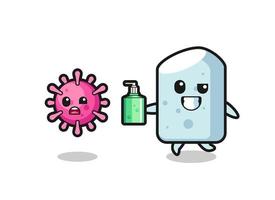 illustration of chalk character chasing evil virus with hand sanitizer vector