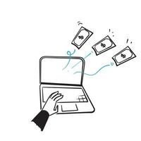 hand drawn doodle laptop and money symbol for digital finance illustration vector