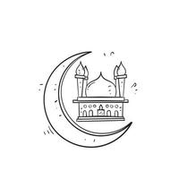 hand drawn doodle mosque and crescent symbol for islamic religion illustration vector isolated