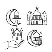 Mezquita de fideos dibujada a mano y símbolo de la media luna para el vector de ilustración de la religión islámica aislado
