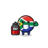 el musculoso personaje de la bandera de sudáfrica sostiene un suplemento proteico vector