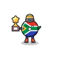 caricatura de la bandera de sudáfrica como jugador de patinaje sobre hielo con el trofeo ganador vector