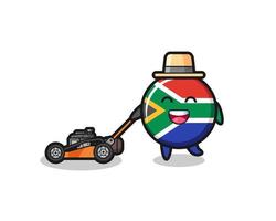 ilustración del personaje de la bandera de sudáfrica usando una cortadora de césped vector