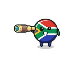 lindo personaje de la bandera de sudáfrica está sosteniendo un viejo telescopio vector