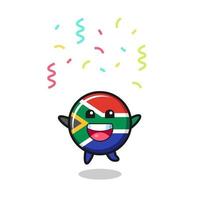 feliz mascota de la bandera de sudáfrica saltando de felicitación con confeti de color vector