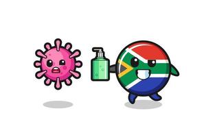 ilustración del personaje de la bandera de sudáfrica persiguiendo el virus malvado con desinfectante de manos vector