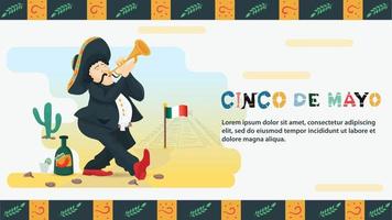 ilustración de diseño plano vectorial sobre el tema de la festividad mexicana cinco de mayo un hombre con un traje nacional toca una trompeta junto a una botella con una bebida vector