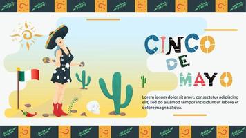 Vector flat design illustration on the theme of the Mexican holiday Cinco de Mayo a woman in a black dress with skulls playing maracas