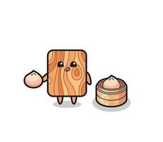 cute plank wood character eating steamed buns vector