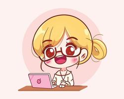 Cute girl working with laptop logo banner hand drawn cartoon art illustration vector