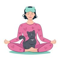 ilustración mujer en pijama haciendo postura de asana de yoga con su gato.