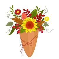 Vector illustration bouquet of autumn flowers in craft paper package