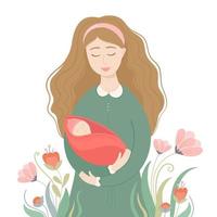 Vector illustration woman with newborn, baby on hand in the flower garden. New life, motherhood. Mothers day