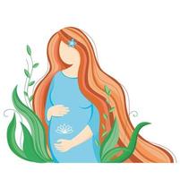 Pregnant happy woman with a baby in her belly, greenery around, cartoon character, pretty lady with love to her motherhood. Poster in hospital, maternity home, birthing center, Mother's Day card vector