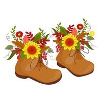 Vector illustration autumn boots on laces with blooming bouquet autumn flowers on white isolated background