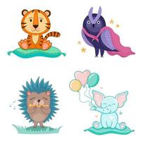 Cute vector illustration set with animals owl, tiger, hedgehog, elephant. Stickers in the nursery for kids
