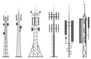 silueta de torres celulares de transmisión. torres de comunicaciones móviles y de radio con antenas para conexiones inalámbricas. conjunto de ilustraciones vectoriales de contorno vector