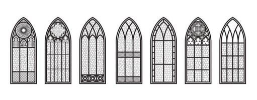 Conjunto de contorno de ventanas góticas. silueta de los marcos de la iglesia de vidrieras de época. elemento de la arquitectura tradicional europea. vector