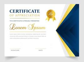 Certificate template in vector for achievement graduation completion. Certificate of appreciation template,  Clean modern certificate with gold badge.  luxury badge and modern line pattern Certificate