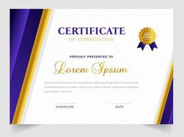 Certificate template in vector for achievement graduation completion. Certificate of appreciation template,  Clean modern certificate with gold badge.  luxury badge and modern line pattern Certificate