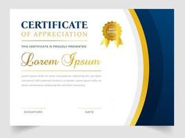 Certificate template in vector for achievement graduation completion. Certificate of appreciation template,  Clean modern certificate with gold badge.  luxury badge and modern line pattern Certificate