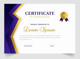 Certificate template in vector for achievement graduation completion. Certificate of appreciation template,  Clean modern certificate with gold badge.  luxury badge and modern line pattern Certificate