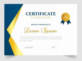 Certificate template in vector for achievement graduation completion. Certificate of appreciation template,  Clean modern certificate with gold badge.  luxury badge and modern line pattern Certificate