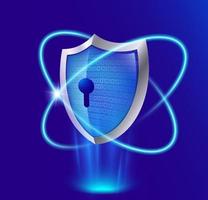 Cyber security digital protection concept with glowing rays of light effect shield on dark blue background. Realistic EPS file. vector