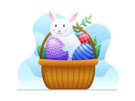 Cartoon Illustration Rabbit and Easter Egg in Basket. Beautiful decorated Easter eggs. Happy Easter Day Illustration. Can be used for greeting card, postcard, book, web, animation, etc vector