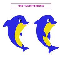 Find five differences between cartoon dolphins. vector