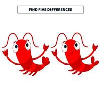 Find five differences between cartoon shrimp. vector