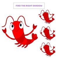 Find the right shadow for cartoon shrimp. vector